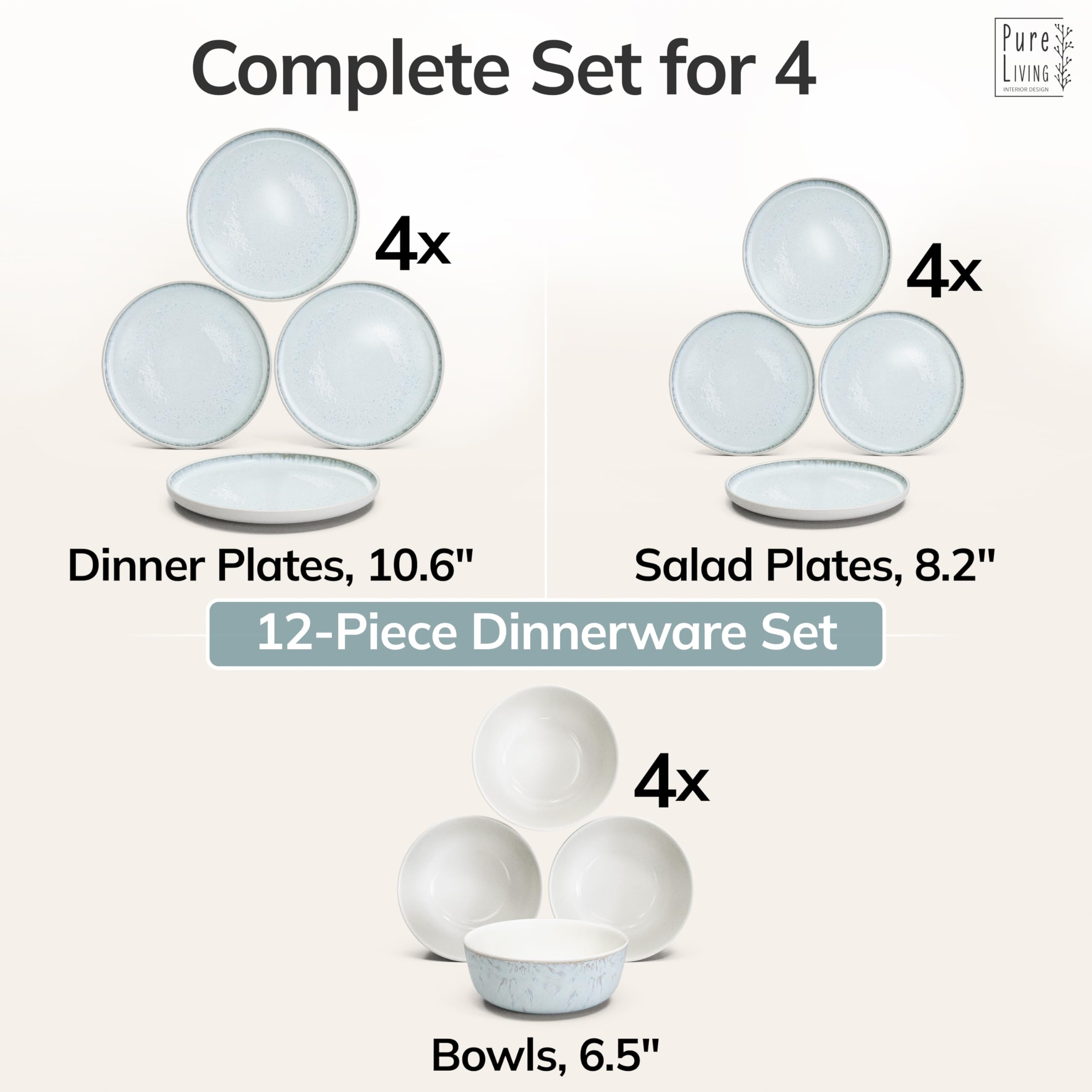 12 Piece Stoneware Dinnerware Set for 4 - Handmade Reactive Glaze Plates and Bowls Set - Chip & Scratch Resistant Dish Set - Dishwasher Microwave Safe - Light Beige & Blue