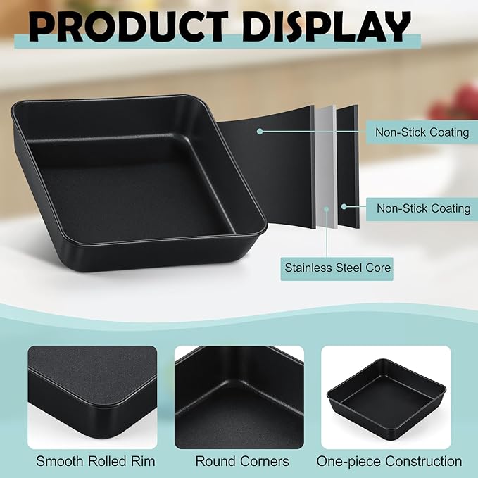 TeamFar 6x6 Inch Square Baking Pans, Coated Square Cake Brownie Lasagna Pan