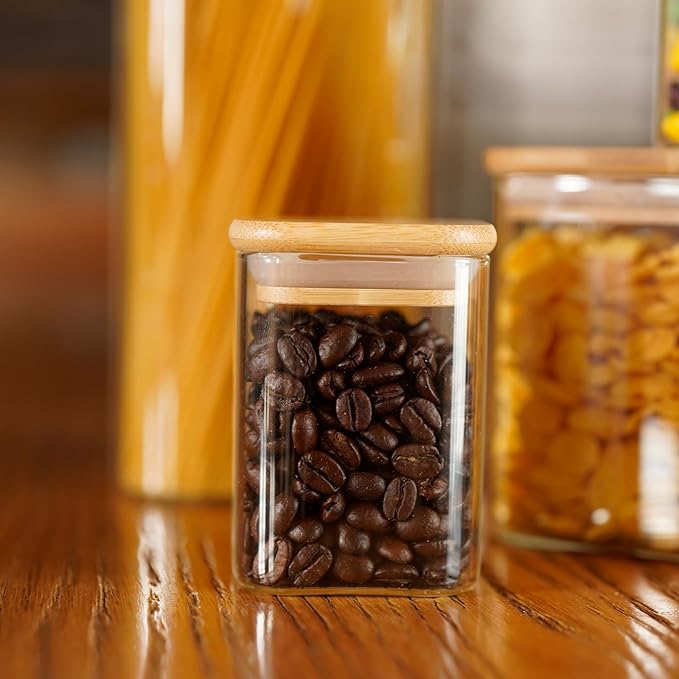 SHOWIN Glass Food Storage Jars Square 8oz, 12 Pack Glass Jars With Bamboo Lids, Kitchen Storage Containers For Spice, Candy, Cookie, Storage For Pantry Organizers