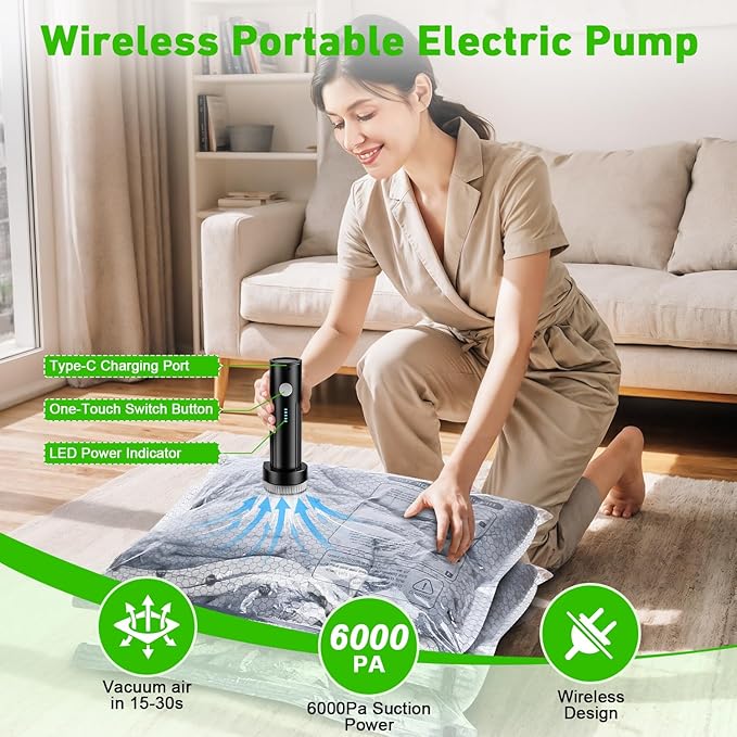 Aaronbird Vacuum Seal Bags for Clothing with Wireless Electric Pump - Travel & Home Use, 9 Pack Ideal Space Saver Vacuum Storage Bags, Travel Vacuum Bags for Luggage