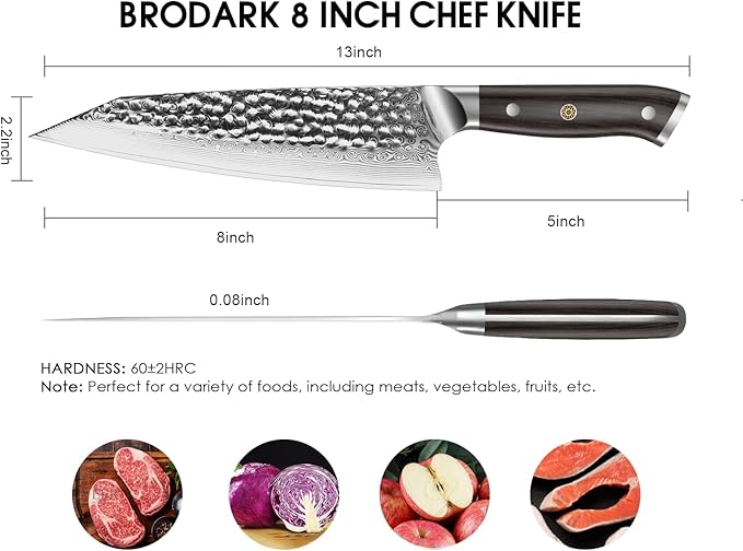 BRODARK Japanese Chef Knife, 8 inch Damascus Chef Knife, Ebony Wood Handle