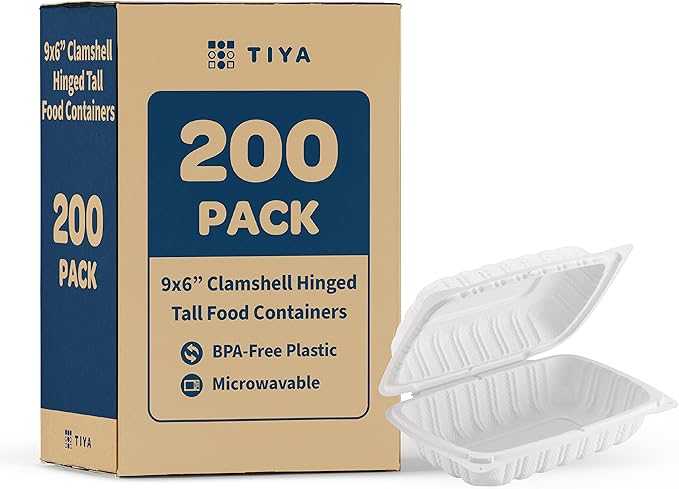 TIYA Clamshell Food Containers - White Bulk 200 Pack, 9x6 in - BPA-Free Mineral-Filled To-Go Containers - Reusable, Microwavable, Hinged, Tall Takeout Clamshells - Great for Meal Prep