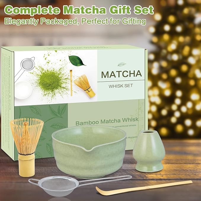 Matcha Whisk Set, Ceramic Matcha Bowl with Spout, Bamboo Whisk, Chasen Holder, Sifter, Traditional Scoop, Complete Tea Making Kit for Matcha Lovers, Beginner Starter Gifts for Women Men