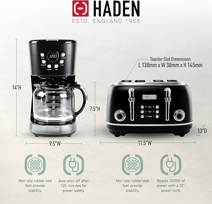 HADEN Heritage 4 Slice Wide Slot Stainless Steel Toaster Bundled with 12 Cup Programmable Drip Coffee Maker Coffee Machine, Black & Chrome