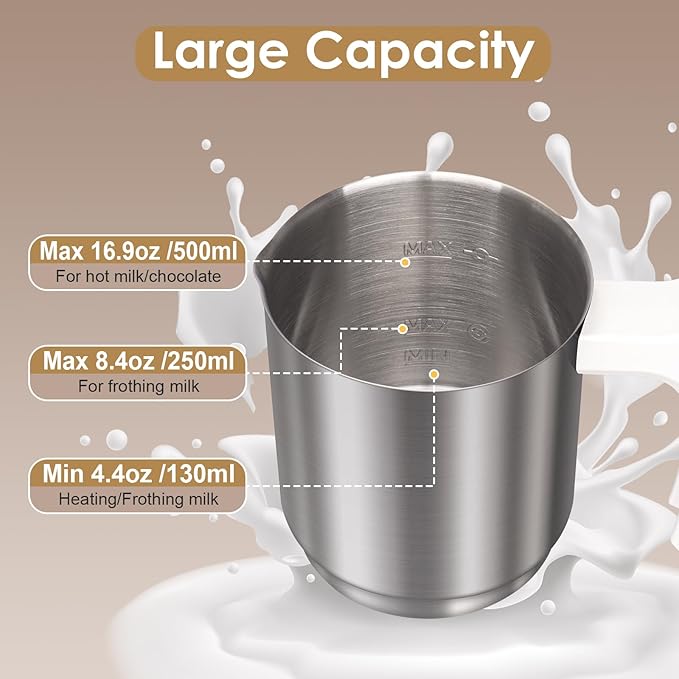 JLFJMGC Milk Frother, 16.9 OZ Milk Frother and Steamer, 4 in 1 Electric Milk Frother Dishwasher Safe Durable Silent Frother for Coffee Hot and Cold Foam Maker (White Stainless)