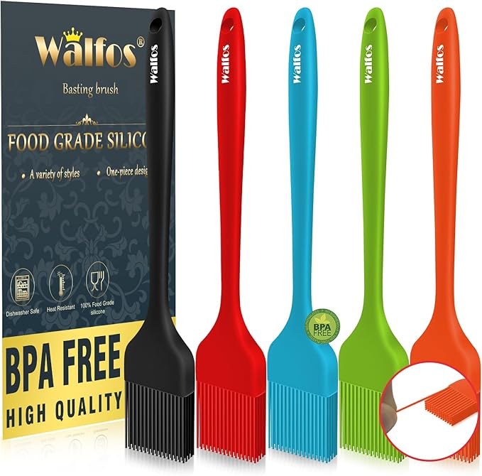 Walfos Silicone Pastry Brush, 600℉ Heat Resistasnt Basting Oil Butter Sauce Brush for Baking,BBQ Grill,Kitchen Cooking,BPA Free and Dishwasher Safe (5 Pcs)
