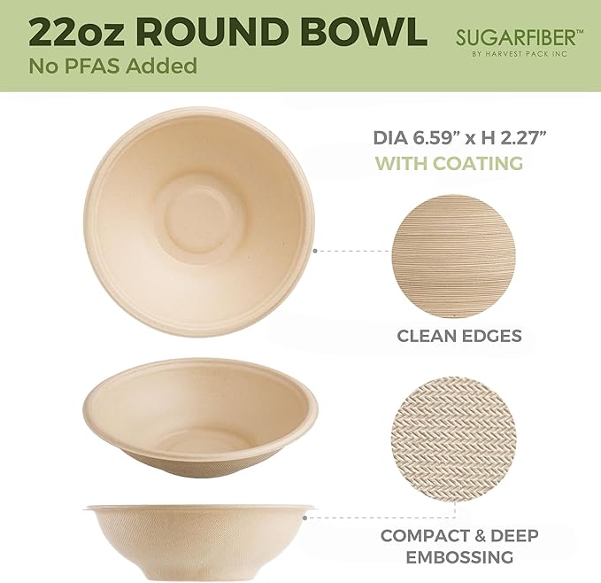 22oz Compostable Paper Bowls Disposable Round Natural Bowl with PLA coating