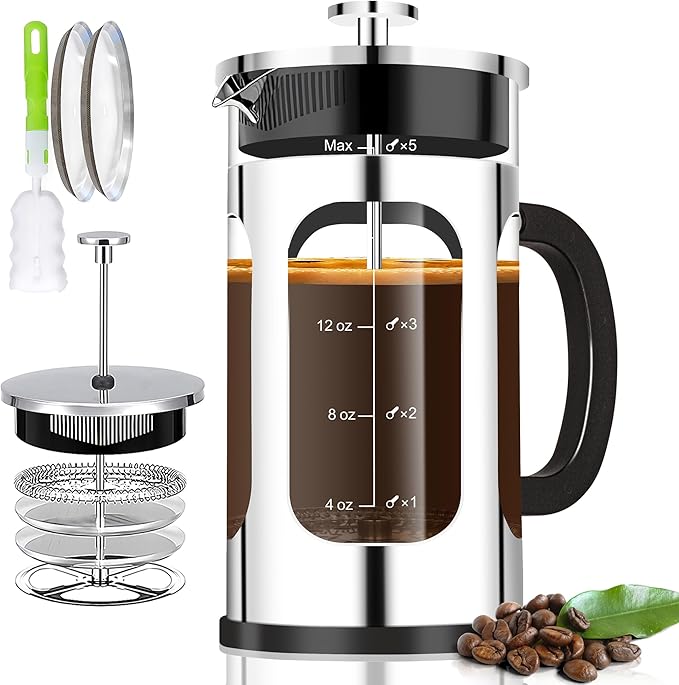 YMMIND French Press Coffee Maker (21oz 600ML 3-4Cup) Coffee Press, with 4 Filters System, Heat Resistant Thickness Borosilicate Glass, Cold Brew Coffee Tea Pot Gifts (Silvery)
