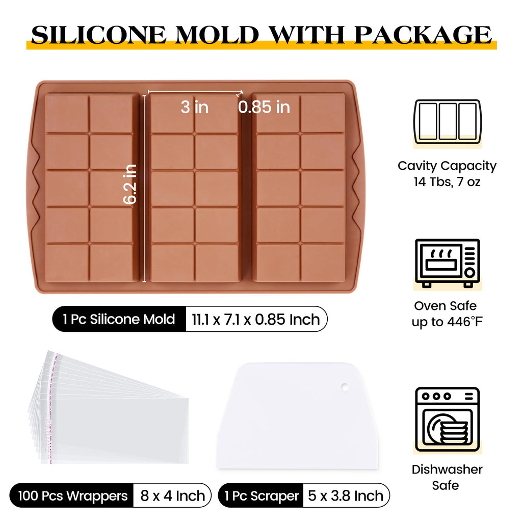 KASHME 1 Pc Chocolate Bar Mold Deep Large Chocolate Molds Silicone Break Apart Thick Silicone Molds for Candy Bar, With 100 Pcs Bags and 1 Pc Scraper Set (10 Snap）