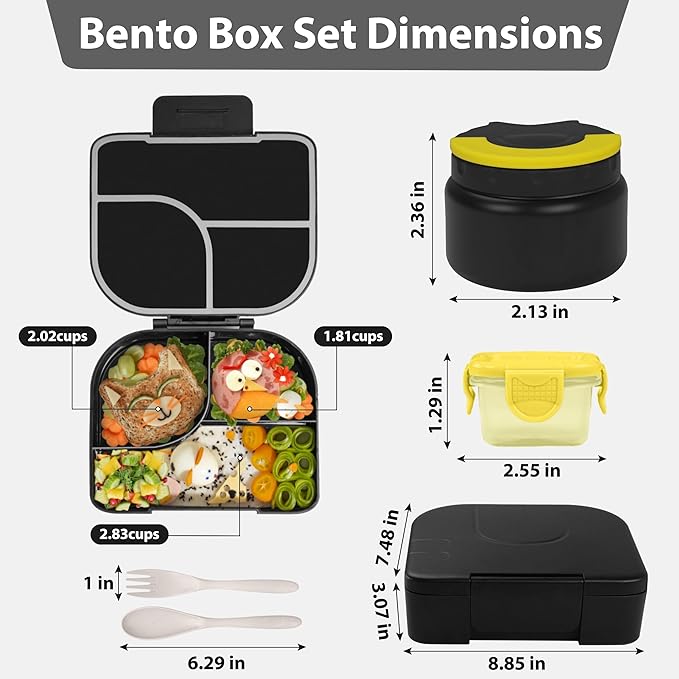 Lunch Box with Thermo Jar, Large-Capacity 3-Compartment Bento Box, Black