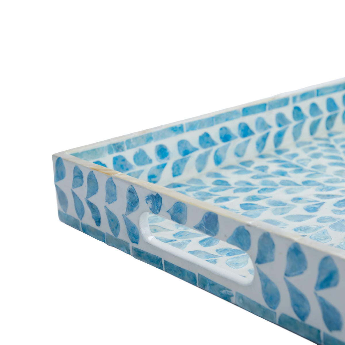 PEMAR Rectangular Mother of Pearl Serving Tray Nacre Wood Lap Ottoman Tray for Coffee Table, Luxury Decorative Handmade Eating Platters w Insert Handles (Teal Floral Pattern)