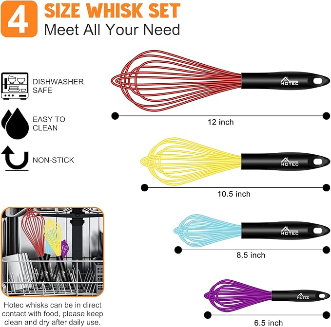HOTEC 4 Pieces Silicone Whisks Set, Wire Balloon Whisks for cooking Egg Beater, Non-slip Handle Whisk for Non-stick Cookware Perfect for Cooking, Stirring, Beating and Blending,Multicolor