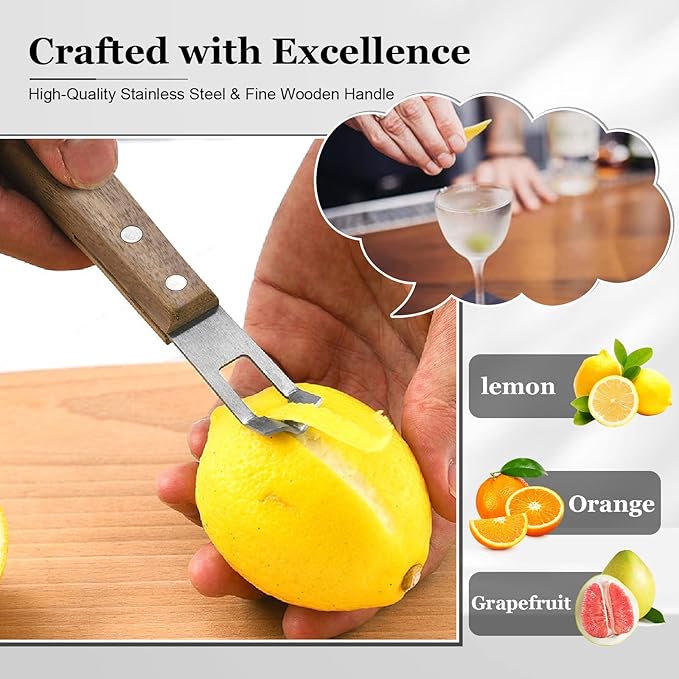 Channel Knife for Cocktails, Lemon Twist Tool and Citrus Peeler, Orange Peeler for Old Fashioned, Stainless Steel Bar Peeler with Walnut Handle for Home Bar Garnishes
