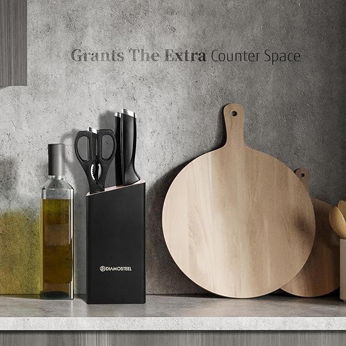 Diamosteel Black Knife Set with Wooden Block, 7-Piece Sharp Knife Block Set