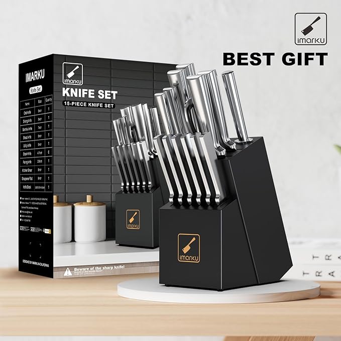 imarku Knife Set - 15PCS Kitchen Knife Set Japanese High Carbon Stainless Steel Knives Set for Kitchen, Dishwasher Safe Ultra Sharp Professional Chef Well Balance Utility Knives, Black