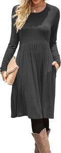 DB MOON Women Casual Long Sleeve Dresses Empire Waist Loose Dress with Pockets (Dark Gray, M)
