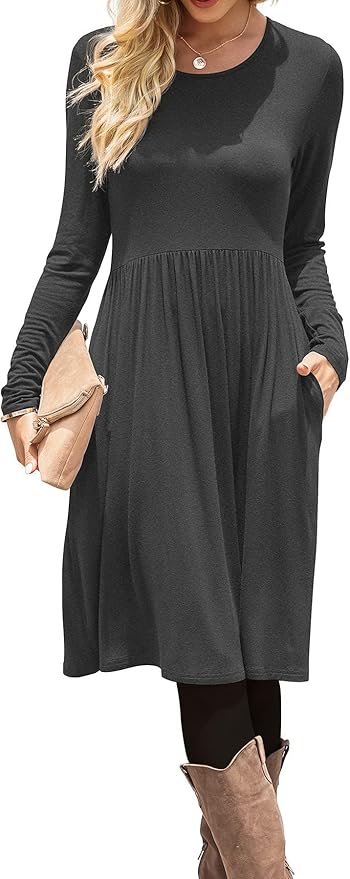 DB MOON Women Casual Long Sleeve Dresses Empire Waist Loose Dress with Pockets (Dark Gray, S)