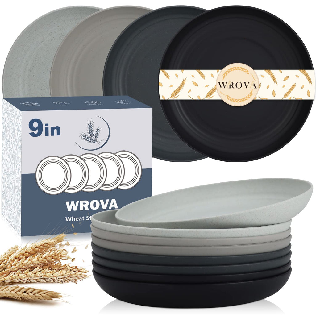 Wrova Wheat Straw Dinner Plates - 9 Inch Unbreakable Set of 8 - Dishwasher & Microwave Safe Reusable Plates - Lightweight for Kitchen & Camping (Classic Series)