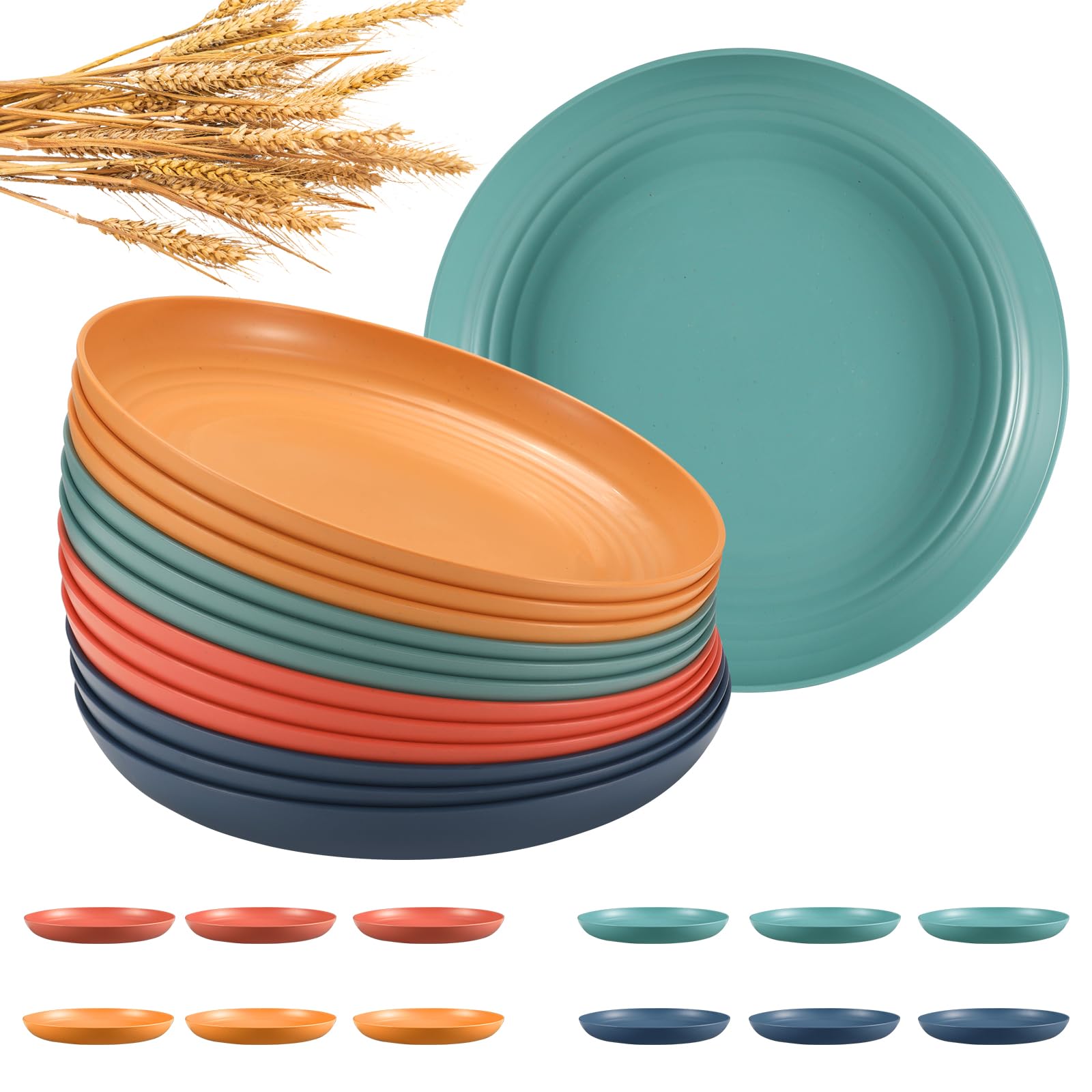 HEYCOME 12 Pcs Unbreakable Deep Dinner Plates Set, 9 inch Reusable Plastic Wheat Straw Plates, Microwave and Dishwasher Safe Plate for Kitchen, Lightweight Plate for Dessert, BPA Free, 4 Colors