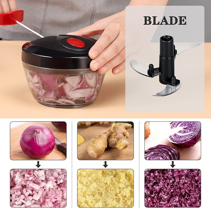 Cambom Manual Food Chopper Vegetable Cutter, Hand String Vegetable Chopper Onions Cutter for Vegetable Fruits Nuts BPA Free Food Safe Material, 500ml Black