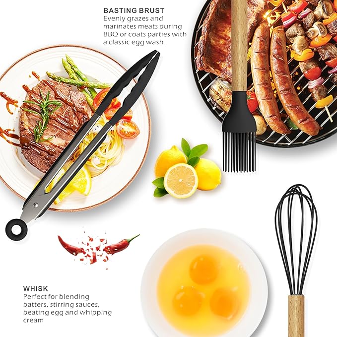 oannao Silicone Cooking Utensils Set - 446°F Heat Resistant Silicone Kitchen Utensils for Cooking,Kitchen Utensil Spatula Set w Wooden Handles, BPA FREE Gadgets for Non-Stick Cookware (Black)
