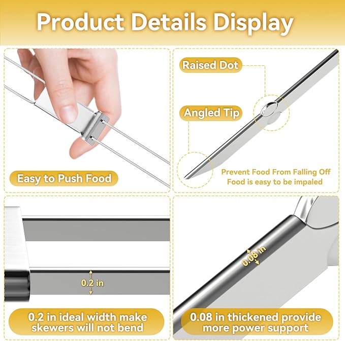 Stainless Steel Skewers for Grilling, 13"（6PCS）Dual-Prong Flat with Slider