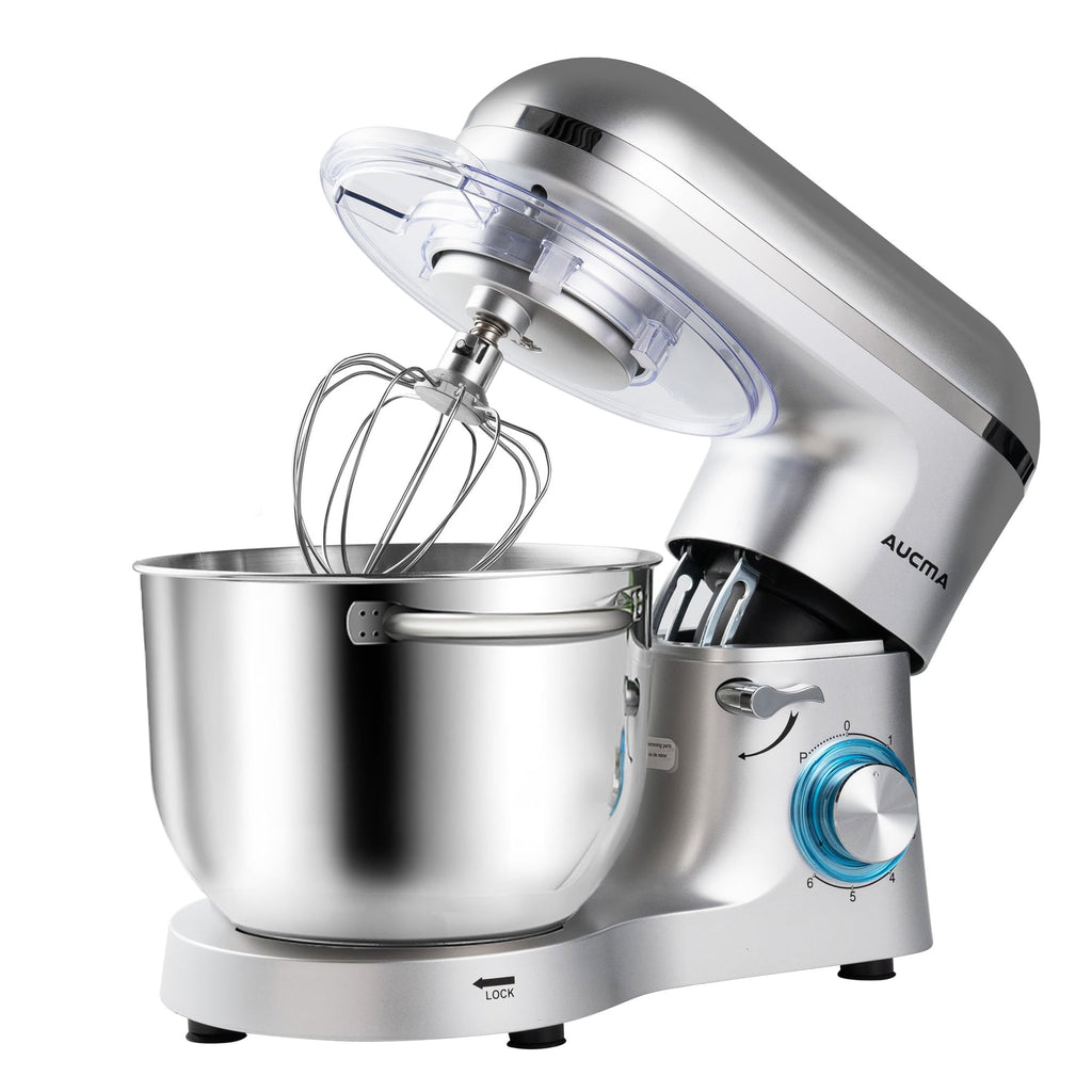 Aucma Stand Mixer,6.5-QT 660W 6-Speed Tilt-Head Food Mixer, Kitchen Electric Mixer with Dough Hook, Wire Whip & Beater (Silver, 6.5QT)