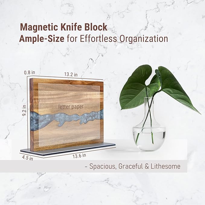 Magnetic Knife Block for Countertop, Strong Magnetic Knife Holder Stand, Acacia Wood & Epoxy Resin Organizer for Kitchen Knives, Gift for Cooks