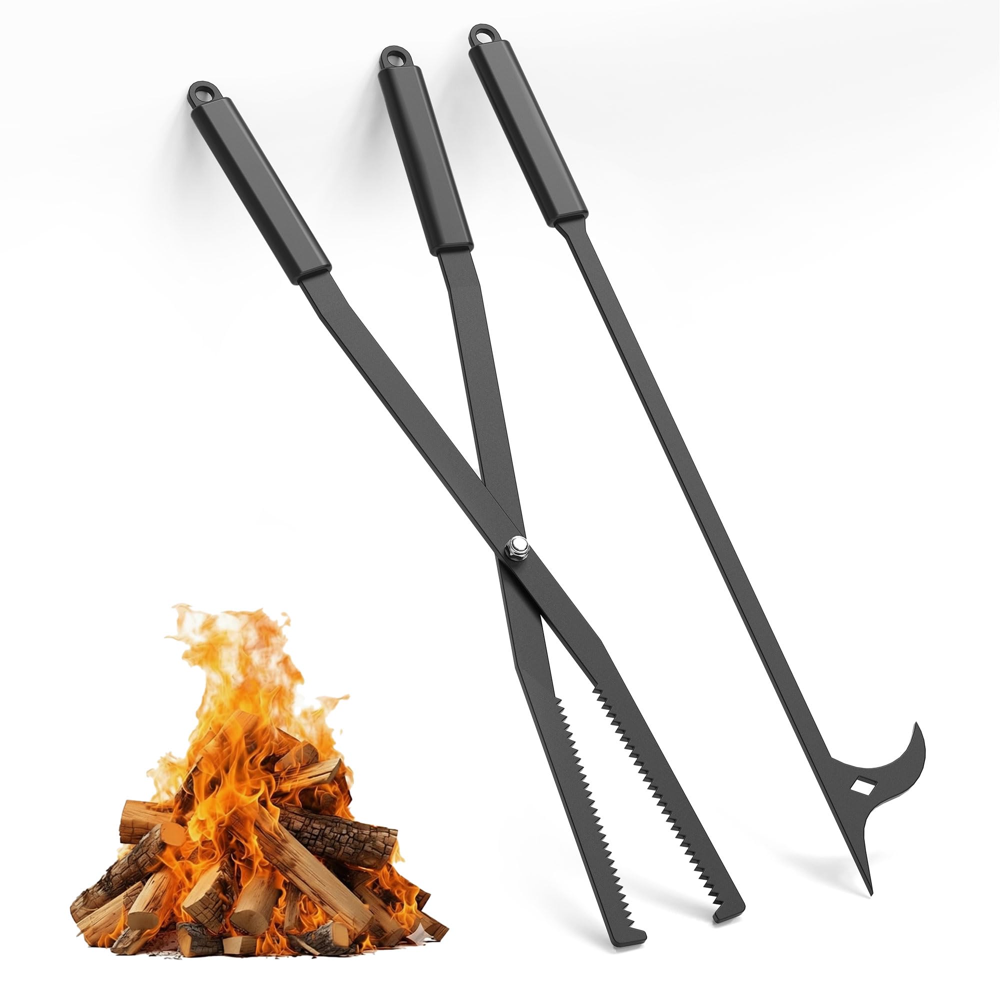 Tredre Fire Tongs and Fire Poker Set, Manganese Steel Fire Pit Tools for Outside, Heavy Duty Fireplace Tongs Log Grabber for Campfire, Wood Stove, Rust-Resistant Firewood Tong Set