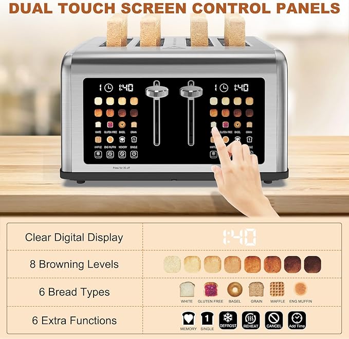 4 Slice Toaster Touch Screen, Stainless Steel Toasters Digital Timer, Dual Control Panel Toasters, 8 Shade Settings 6 Bread Types for Bagel, Cancel, Defrost 1650W Silver
