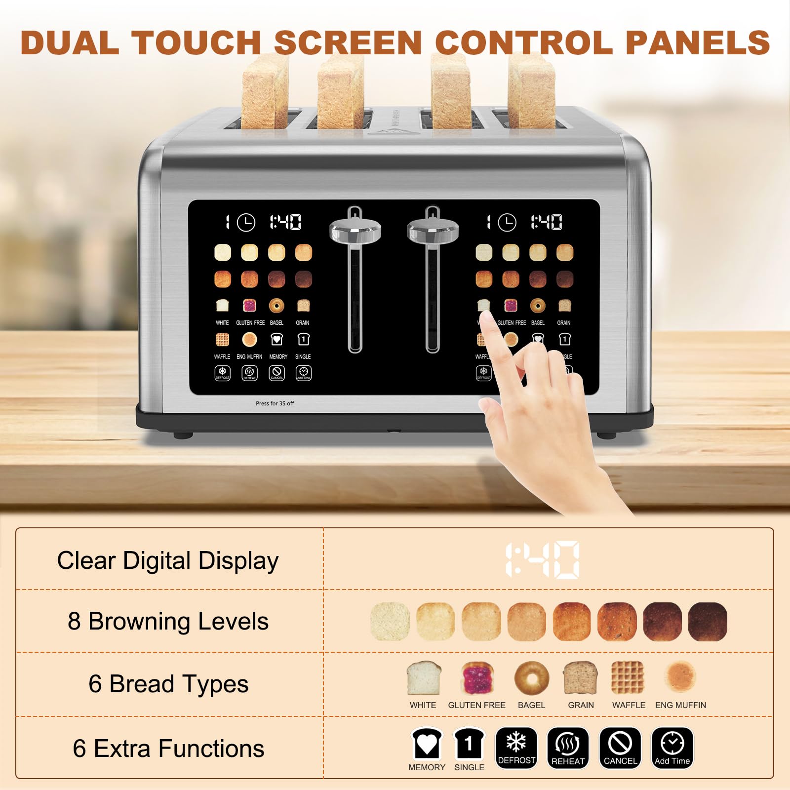 4 Slice Toaster Touch Screen, Stainless Steel Toasters Digital Timer, Dual Control Panel Toasters, 8 Shade Settings 6 Bread Types for Bagel, Cancel, Defrost 1650W Silver