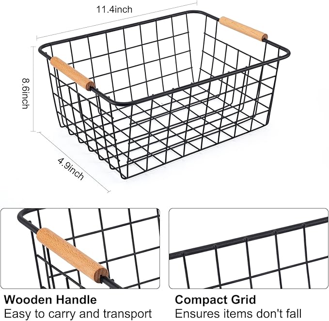Wire Basket 4 Pcs Metal Wire Storage Basket with Wooden Handles for Pantry