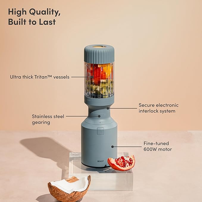 The Beast Mini Blender Plus | Mini Countertop Kitchen Blender | Blend Smoothies and Shakes, Dressings, Sauces, Dips | Extra Vessels, Straw Cap and Straws Included | 600W (Mist)