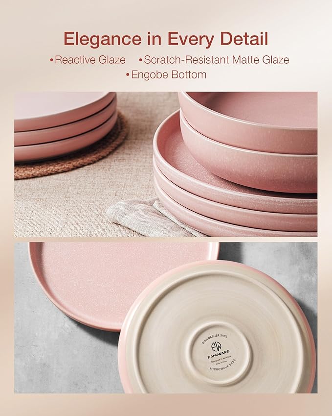 Famiware Milkyway 12-Piece Stoneware Dinnerware Set, Light Pink