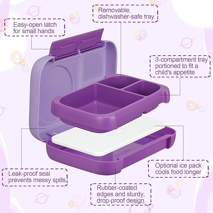 JXXM Bento Box for Kids,Kids Bento Lunch Box with Built-in Ice Pack for School,3 Compartments Leak Proof Lunch Container with Utensils for Girl Boy;BPA Free,Microwave & Dishwasher Safe, 44oz(Purple)