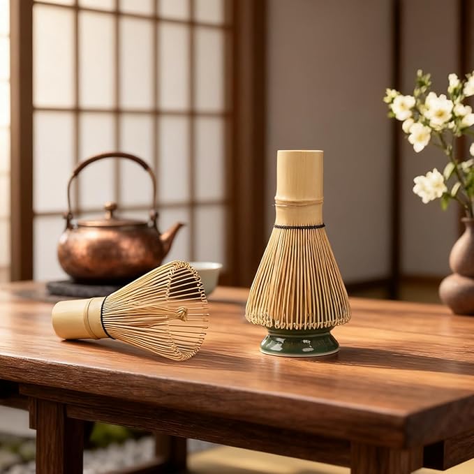 CyaLivoo Matcha Whisk Set, 8 Pcs Gold Plum Blossom Matcha Kit for Japanese Tea Ceremony, Ceramic Bowl with Spout, Bamboo Whisk, Spoon, Scoop, Sifter, Towel, Gift for Beginners and Matcha Lovers(Green)