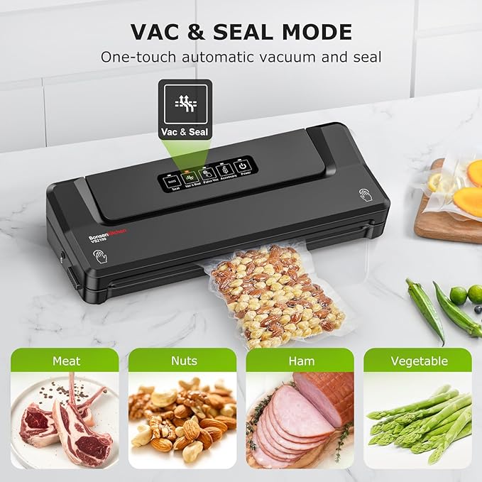 Bonsenkitchen Vacuum Sealer Machine With 5 Vacuum Bags,Black