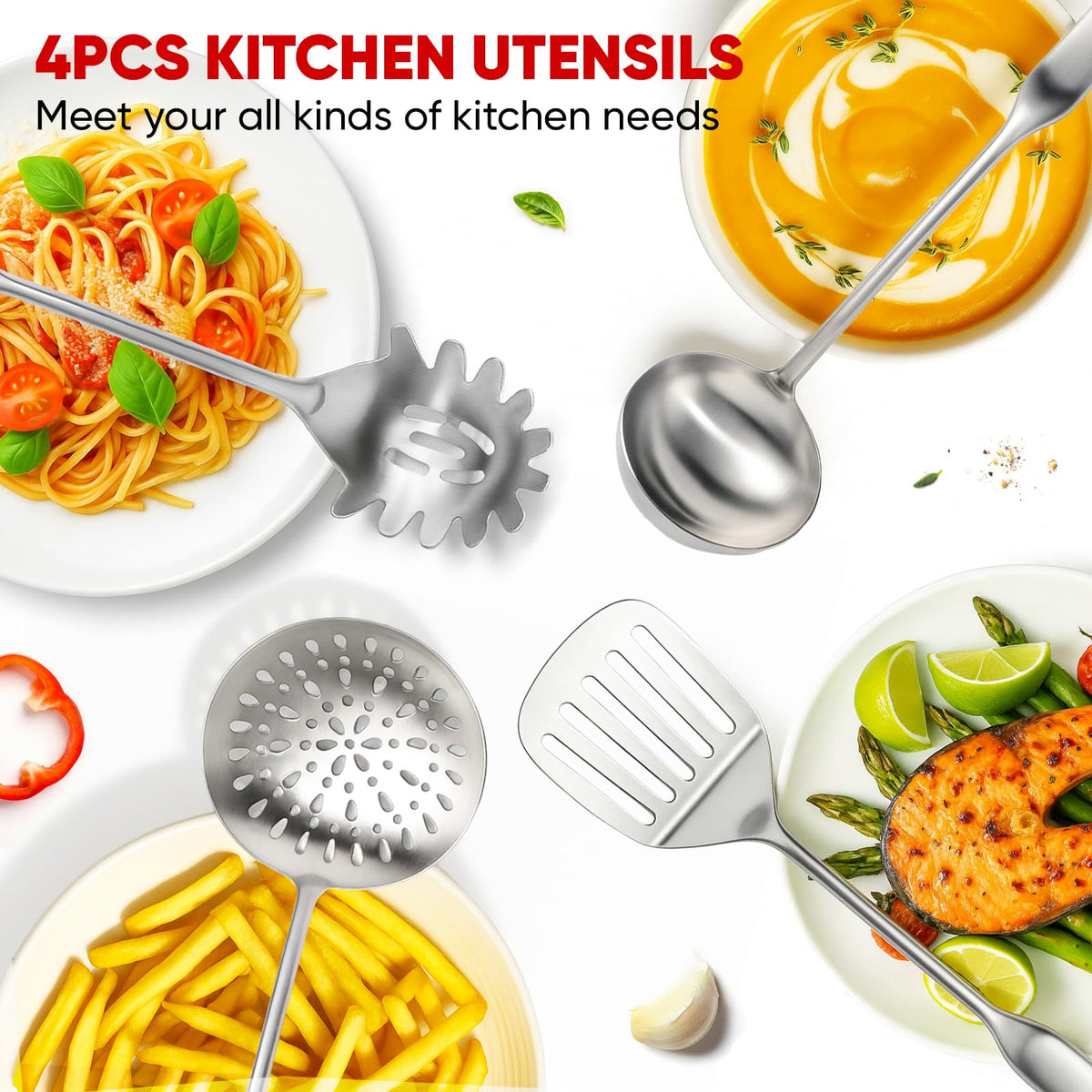 Newness 4 Pcs Cooking Utensils Set, 304 Stainless Steel Kitchen Utensils Set, Metal Kitchen Accessories, Include Soup Ladle, Slotted Skimmer Spoon, Spaghetti Spoon and Spatula, Dishwasher Safe