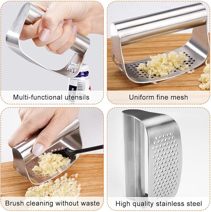 Koonafy Stainless Steel Garlic Presser, Upgraded Garlic Press Rocker Garlic Mincer Garlic Crusher with Peeler and Cleaning Brush, Garlic Chopper for Smash Garlic Kitchen Gadgets Tools, handhold