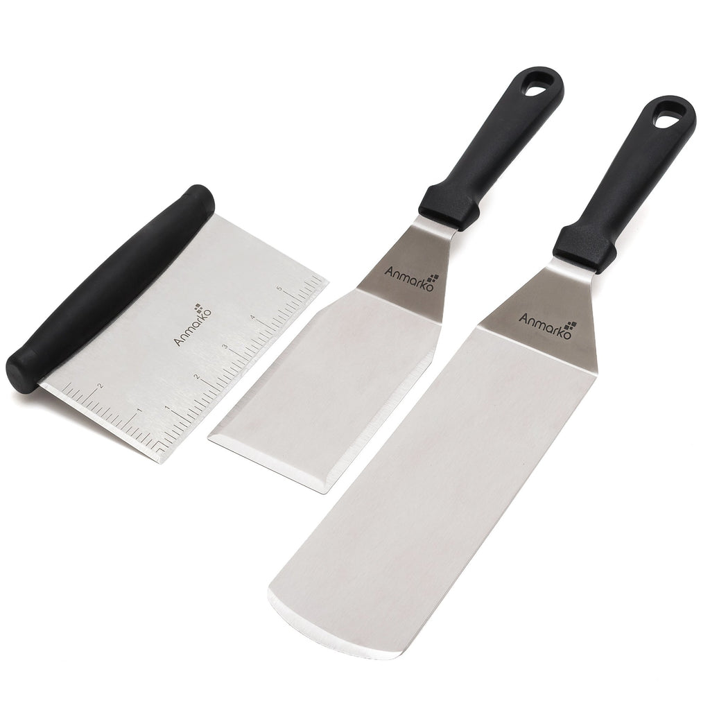 Metal Spatula Stainless Steel and Scraper - Professional Chef Griddle Spatulas Set of 3 - Heavy Duty Accessories Great for Cast Iron BBQ Flat Top Grill Skillet Pan - Commercial Grade