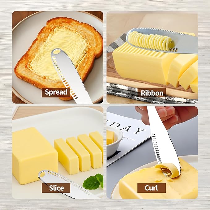 Creztail 2 Pcs Butter Knife Spreader with Holes, 3 in 1 butter knife, butter curler knife, Butter Grater with Ergonomic Handle, stainless steel butter spreader for Butter, Cheese, Jam