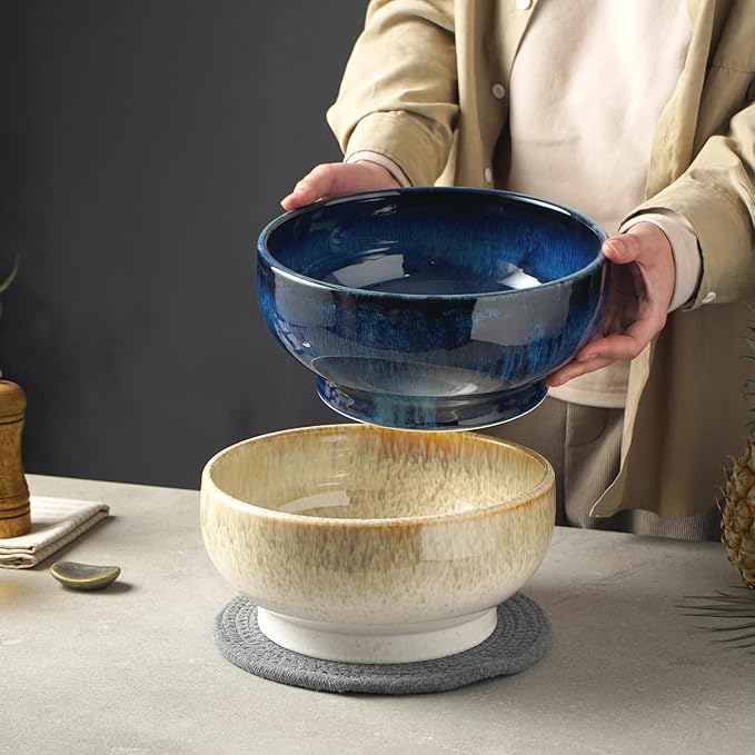 STE-CER Extra Large Salad Bowl,Decorative Fruit Bowl,Kitchen Ceramic Bowl for Fruit & Salad,120 oz Footed Serving Bowl for Entertaining (starry blue)
