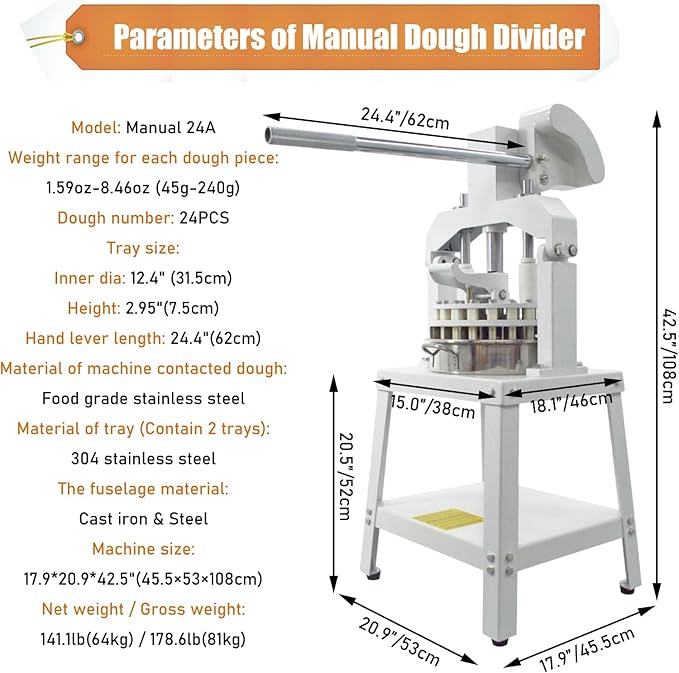 Yokoma Manual 24PCS Dough Divider Commercial 24pcs Dough Divider Manual Doughs Dividing Cutting Machine with 2 Stainless Steel Basin for Commercial Baking, 1.59-8.46oz(45-240g) Weight Range