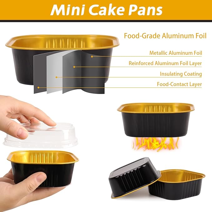 DeziWood 200 Pack 10 oz Black Gold Mini Aluminum Cake Pans with Lids and Spoons, Disposable Square Baking Cups, Oven Safe Foil Ramekins for Individual Desserts, Cupcakes, Cheesecakes Ramekins Muffin