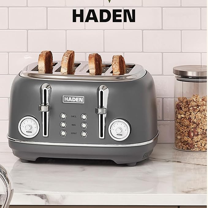 Haden Chelsea 4-Slice Wide Slot Stainless Steel Toaster with Adjustable Browning Control & Non-Slip Feet, Grey & Chrome