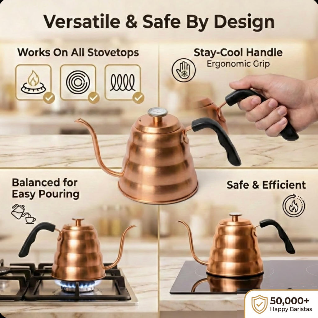 Barista Warrior Gooseneck Kettle with Thermometer - 1.2L Pour Over Coffee & Tea Kettle, Copper Coated Stainless Steel Gooseneck Kettle Pot, Precision Pour Drip Spout, Suitable for All-Stoves (40 floz)