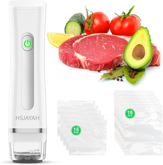HSJAYAH Vacuum Sealer with 30 Bags, Handheld Sealer with Visible Water Tank, Portable for 6X Freshness, Sous Vide & Kitchen Storage