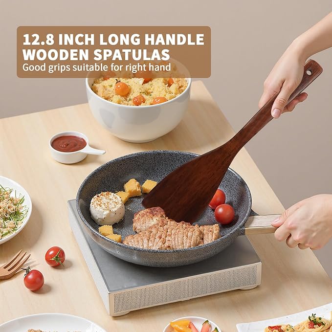 Wooden Spatula for Cooking, Long Handle Wood Spatulas for Non Stick Frying Pan, Right Hand Wood Turner for Cooking Kitchen Cookware