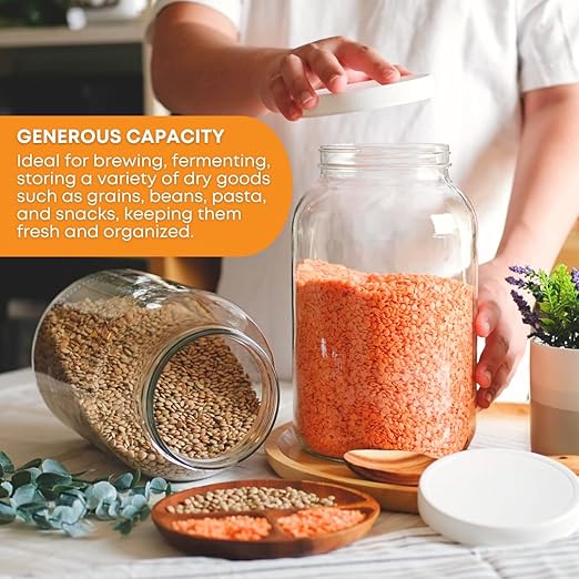 4-Pack 1 Gallon Glass Jar with Lid | Wide Mouth Set with White Metal Caps