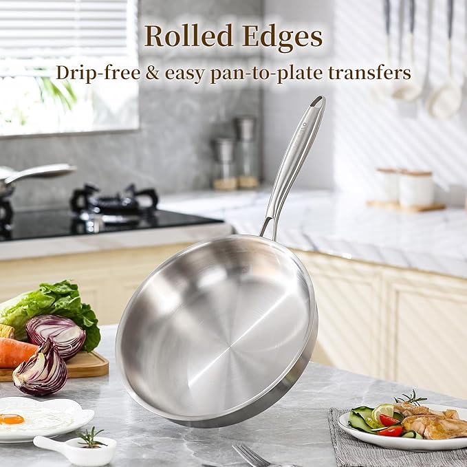DELARLO Tri-ply Stainless Steel Frying Pan Set with Lid 8"10"12" Induction large Skillets Chef's Pan,Pots and Pans Set Kitchen Cookware Set Suitable for All Stove